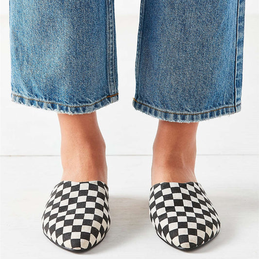 Women's Black and White Plaid Mules Comfortable Flats