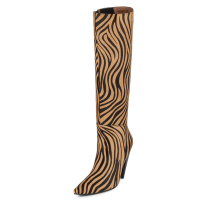 Tan & Black Zebra Printed Pointed Toe Cone Heel Knee High Boots