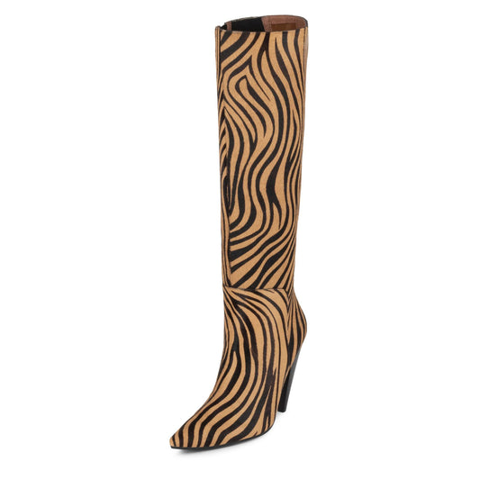Tan & Black Zebra Printed Pointed Toe Cone Heel Knee High Boots
