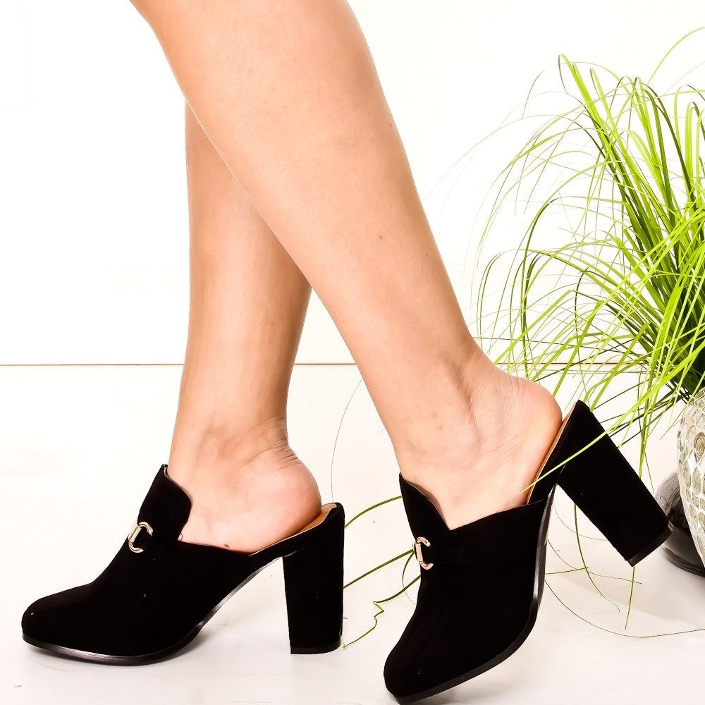 Black Vegan Suede Closed Toe Chunky Heels Horsebit Mule Loafers