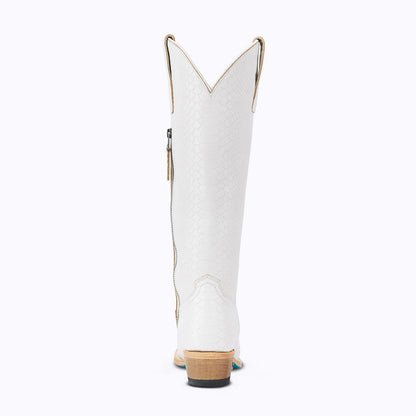 White Vegan Leather Closed Toe  Chunky Heel Knee High Boots