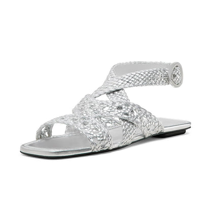 Stylish Square Toe Woven Strappy Buckled Flat Silver Sandals by FSJ