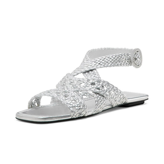 Stylish Square Toe Woven Strappy Buckled Flat Silver Sandals by FSJ