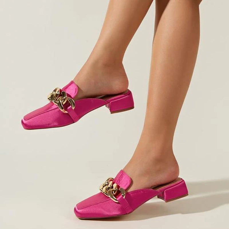 Hot Pink Block Heel Square Toe Chain Buckled Mule Loafers for Women