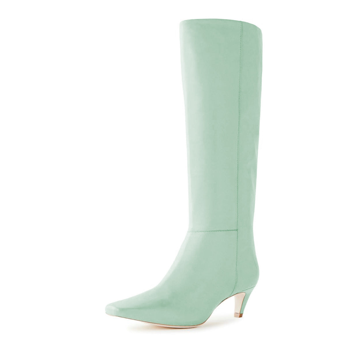 Green Pull-On Kitten Heel Knee High Boots for Women with Square Toe