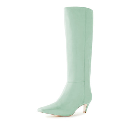 Green Pull-On Kitten Heel Knee High Boots for Women with Square Toe