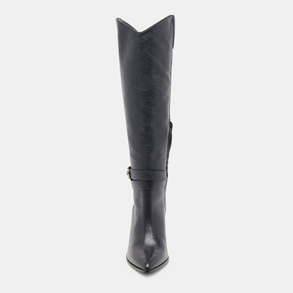 Black Buckle Strap Pointed Toe Block Heel Knee High Boots with Zipper