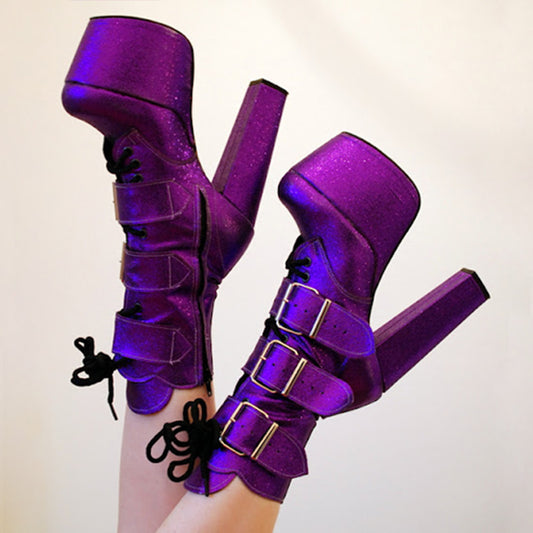 Women's Round Toe Platform Shoes Strappy Chunky Heel Ankle Boots