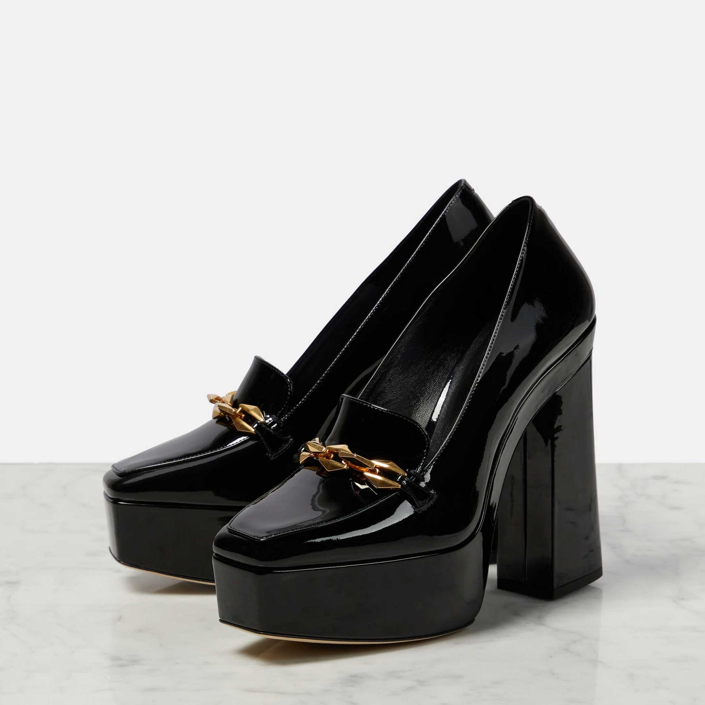 Black Patent Leather Square Toe Buckled Chunky Heels Platform Loafers