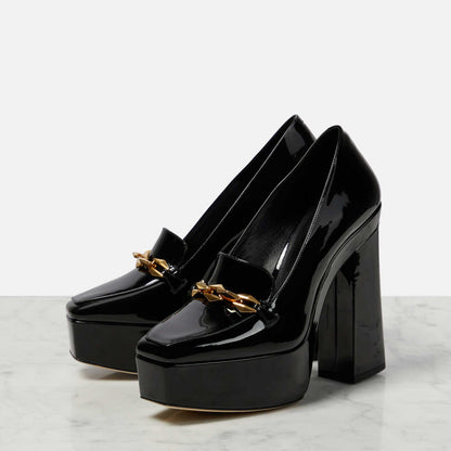 Black Patent Leather Square Toe Buckled Chunky Heels Platform Loafers