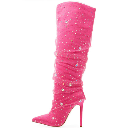 Pink Stiletto Shoes Pointy Toe Ruched Mesh Crystal Knee High Boots