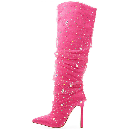 Pink Stiletto Shoes Pointy Toe Ruched Mesh Crystal Knee High Boots
