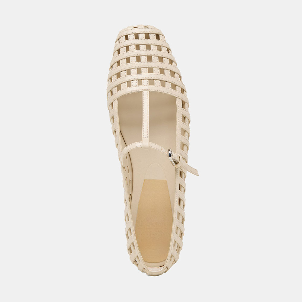 FSJ Casual Ivory Square Toe Cut-Outs Summer Flats with T-Strap