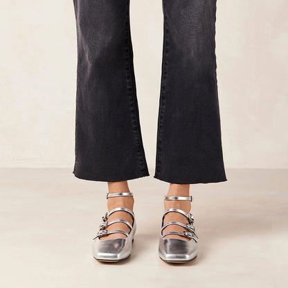 Shiny Silver Square Toe Strappy Flats Buckled Mary Jane Shoes