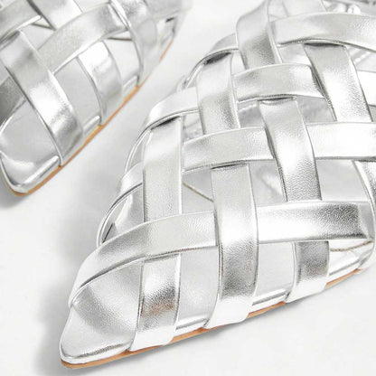 FSJ Metallic Finish Woven Pointed Toe Silver Flat Mules Shoes