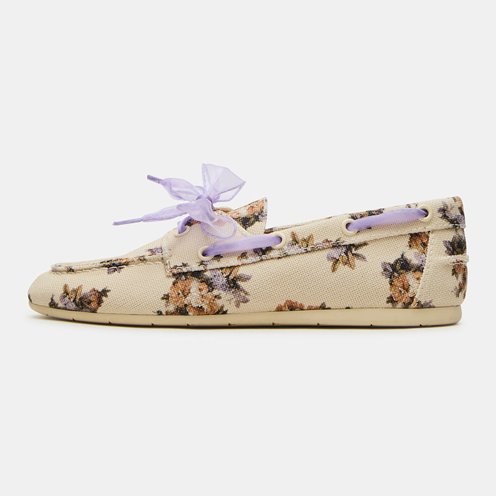 Women's Beige Lace Up Closed Toe Grommet Loafer Flats with Flowers