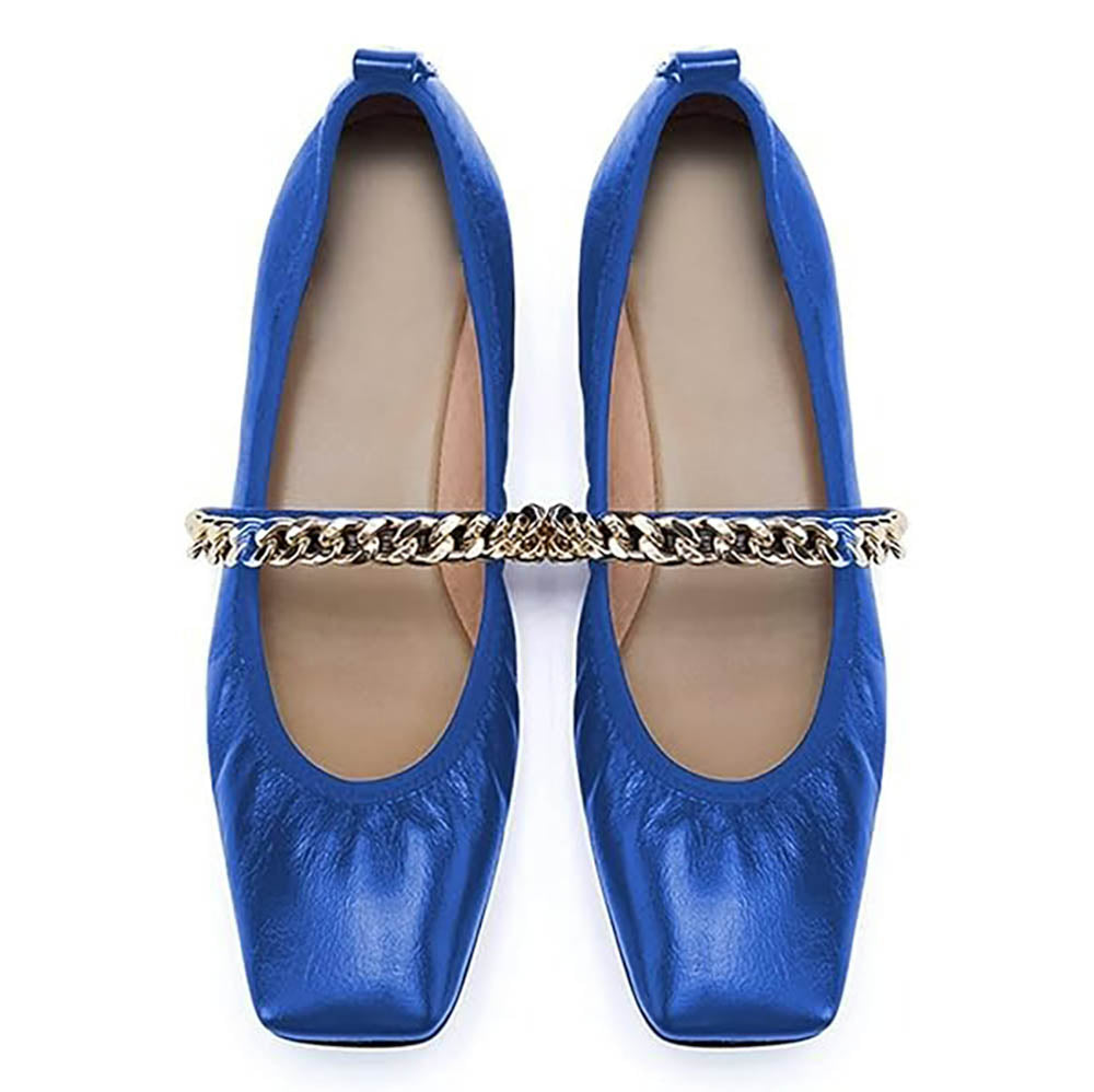 Blue Square Toe Chain Strap Vegan Leather Mary Jane Flats