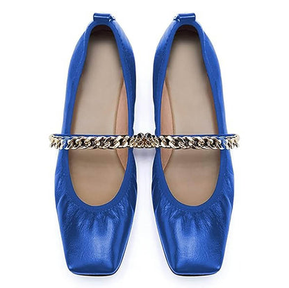 Blue Square Toe Chain Strap Vegan Leather Mary Jane Flats