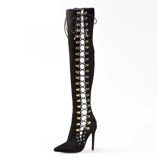 Black Vegan Suede Side Lace Up Stiletto Heel Over the Knee Boots