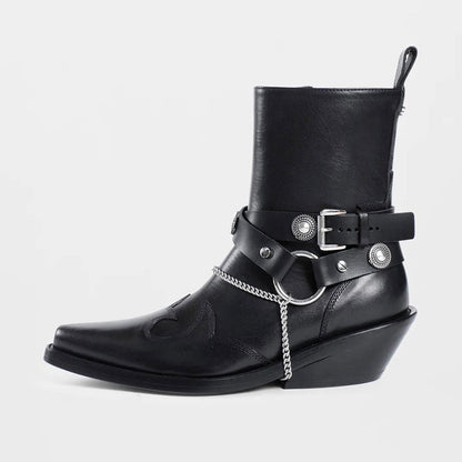 Black Pointed Toe Chain Chunky Heel Hardware Decor Strap Ankle Boots