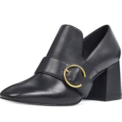 Black Slip On Square Toe Block Heel Women's Loafers with Buckle