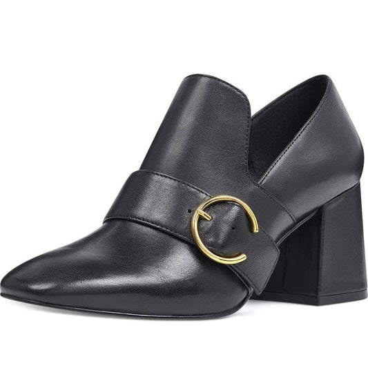 Black Slip On Square Toe Block Heel Women's Loafers with Buckle