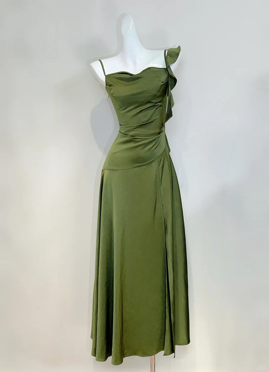Elegant Olive Green Slim Fit Ruffled Satin Prom Dress Evening Dress P4076