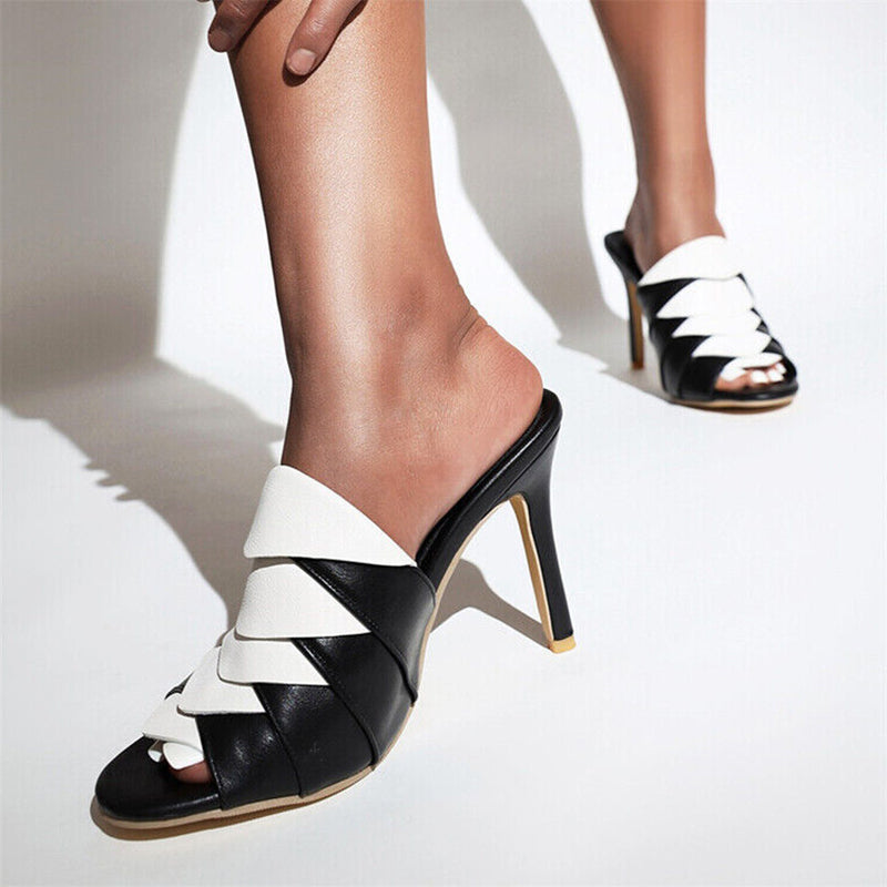 Black & White Peep Toe Heels Vintage Folded Vamp Mules for Women