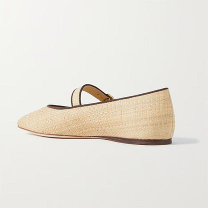 Beige Raffia Square Toe Mary Jane Flats with Buckled Strappy Design