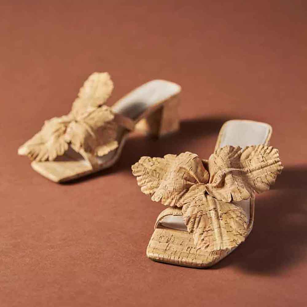 Beige Vegan Leather Square Toe Block Heel Floral Cork Mules