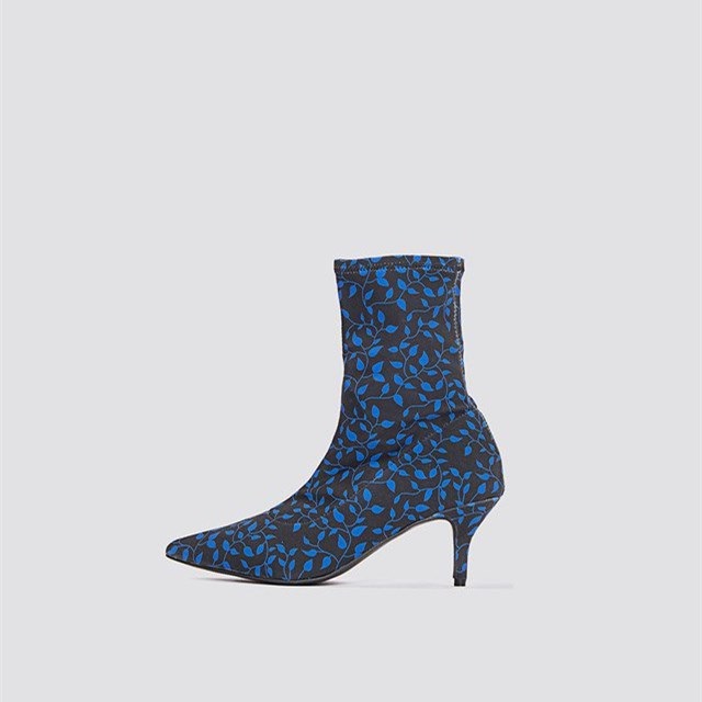 Black Sock Booties Floral Print Kitten Heel Ankle Boots