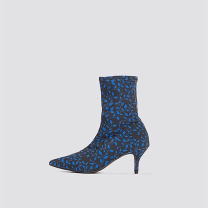 Black Sock Booties Floral Print Kitten Heel Ankle Boots