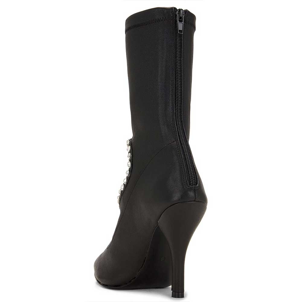 Black Women's Rhinestone Heart-Shaped Cutout Mid Calf Boots