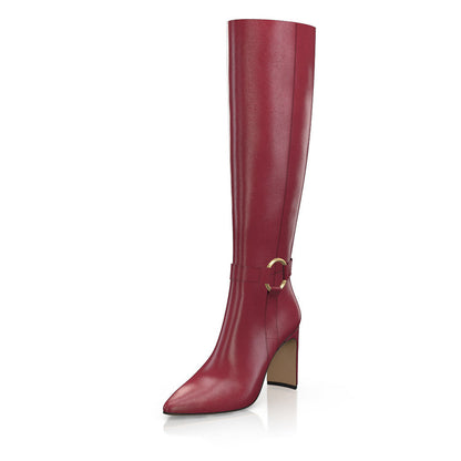 FSJ Burgundy Pointed Toe Heeled Knee High Boots with Ring Buckle