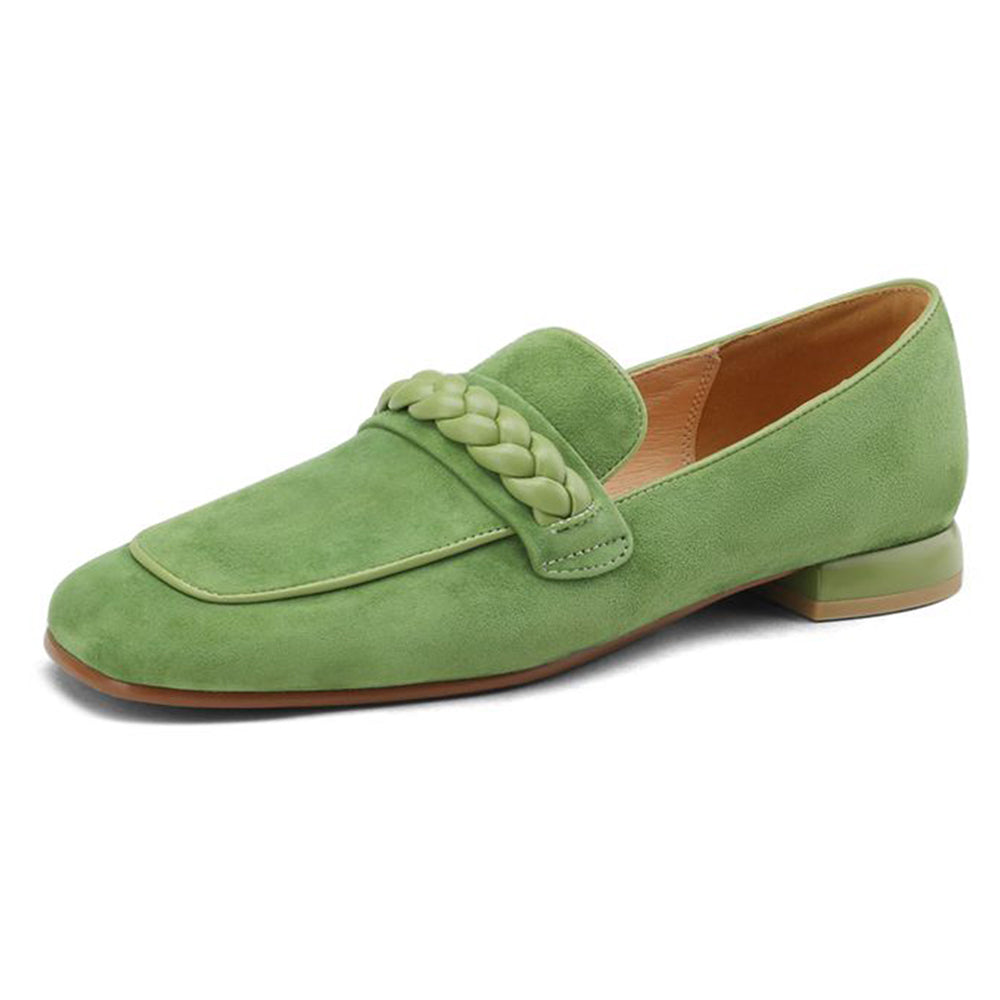 Green Vegan Suede Square Toe Chunky Heel Chain Loafers