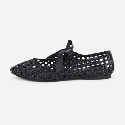 Black Woven Cut-Out Closed-Toe Lace-Up Casual Ballet Flats