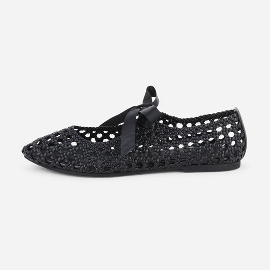 Black Woven Cut-Out Closed-Toe Lace-Up Casual Ballet Flats