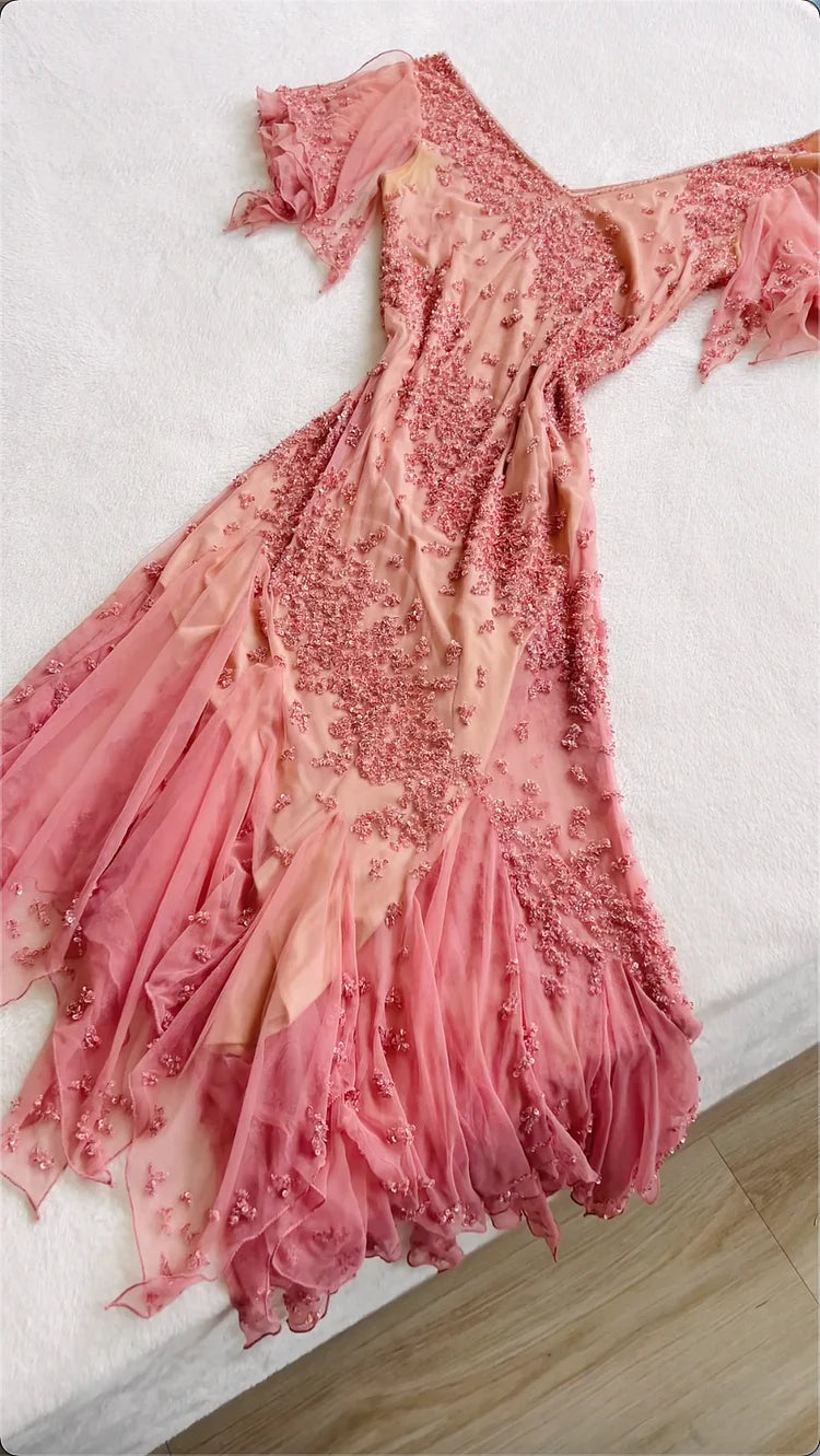 Vintage Pink Chiffon Sequin Prom Dress Sheath Off-the-shoulder Evening Dress Long Formal Dress TP4690