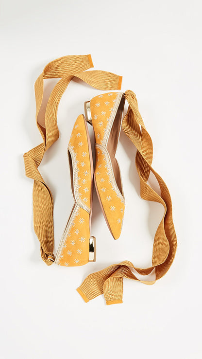 Yellow Vegan Suede Pointed Toe Wrap Strappy Flower Ballet Flats