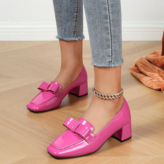 Pink Patent Leather Square Toe Chunky Heel Loafers with Bow