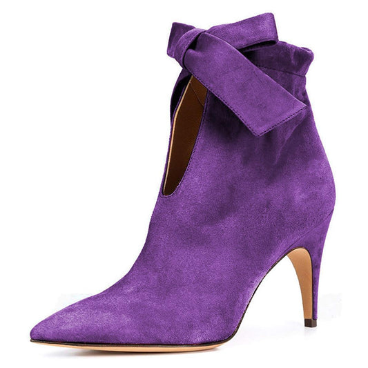 Women's Vegan Suede Pointed Toe Bowknot Cutout Heeled Ankle Boots