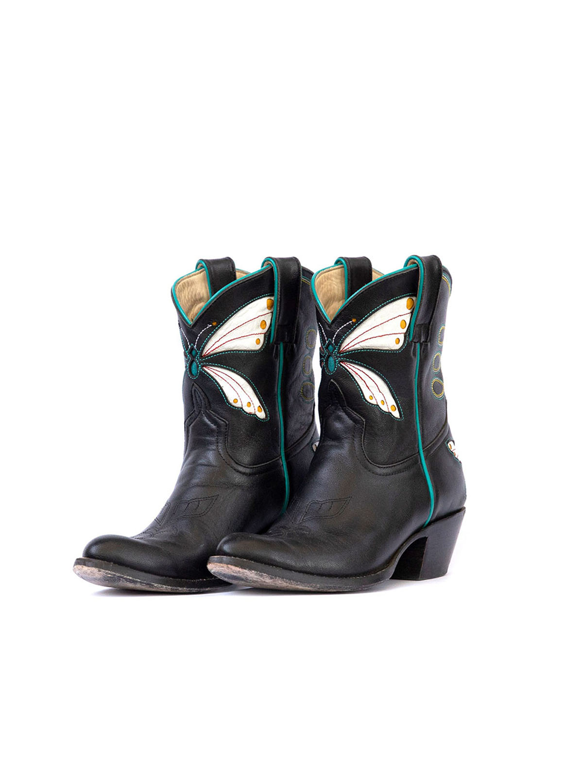 Women's Black Almond Toe White Butterfly Inlay Western Ankle Boots