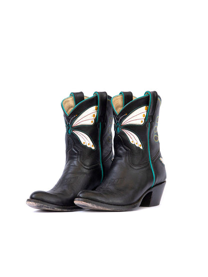 Women's Black Almond Toe White Butterfly Inlay Western Ankle Boots