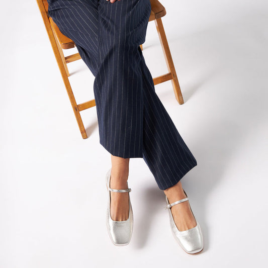 Silver Vegan Leather Distressed Square Toe Buckle Strap Ballet Flats