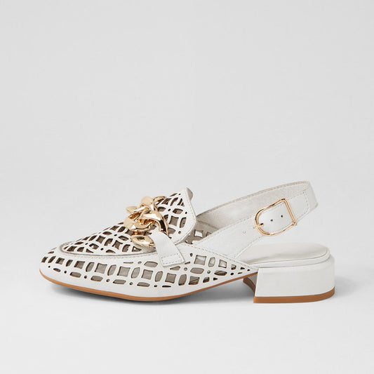 White Square Toe Slingback Shoes Cutout Block Heel Women's Loafers
