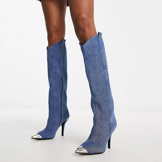 Blue Pointy Stiletto Western Knee High Denim Boots with Metal Rands