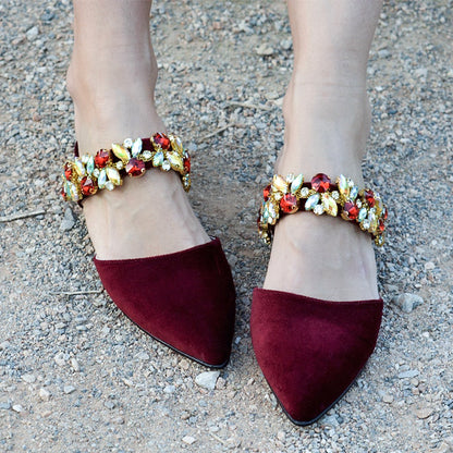 Women's Maroon Velvet Pointed Toe Flat Mules with Rhinestones Strap