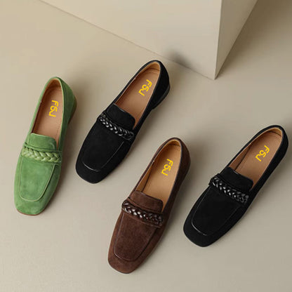 Brown Vegan Suede Square Toe Chunky Heel Chain Loafers