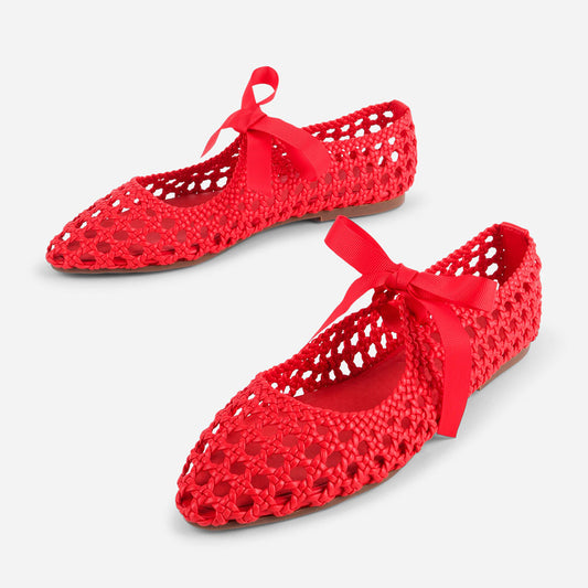 Red Vegan Leather Closed-Toe Woven Tie-Up Flat Shoes for Women