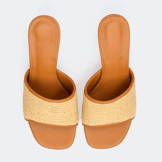 Beige and Tan Woven Open Square Toe Bamboo Heel Mules Shoes